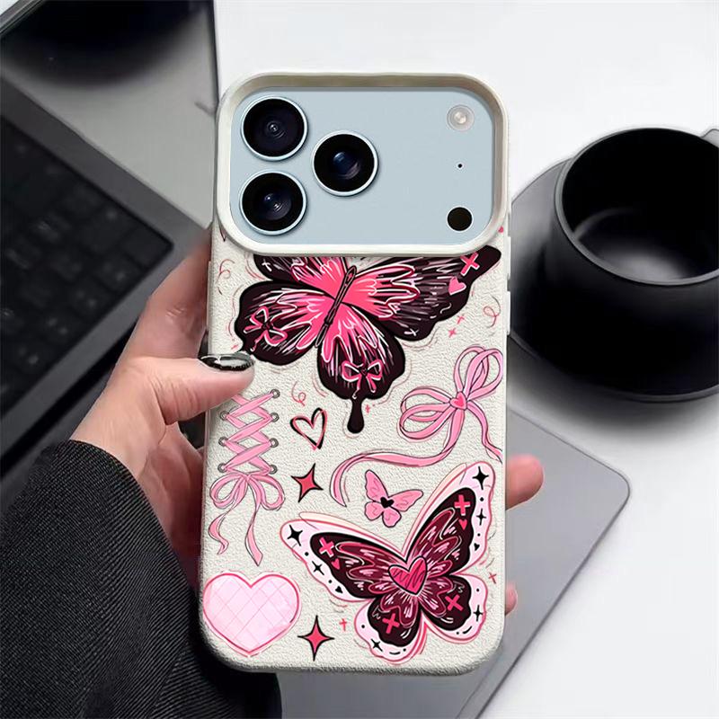 Lucky Bowknots Butterfly Pattern Case For iPhone 17 Pro Max Funda iPhone 16 Pro Max 15 14 13 12 11 Air 16E Leather Texture Silicone Cover
