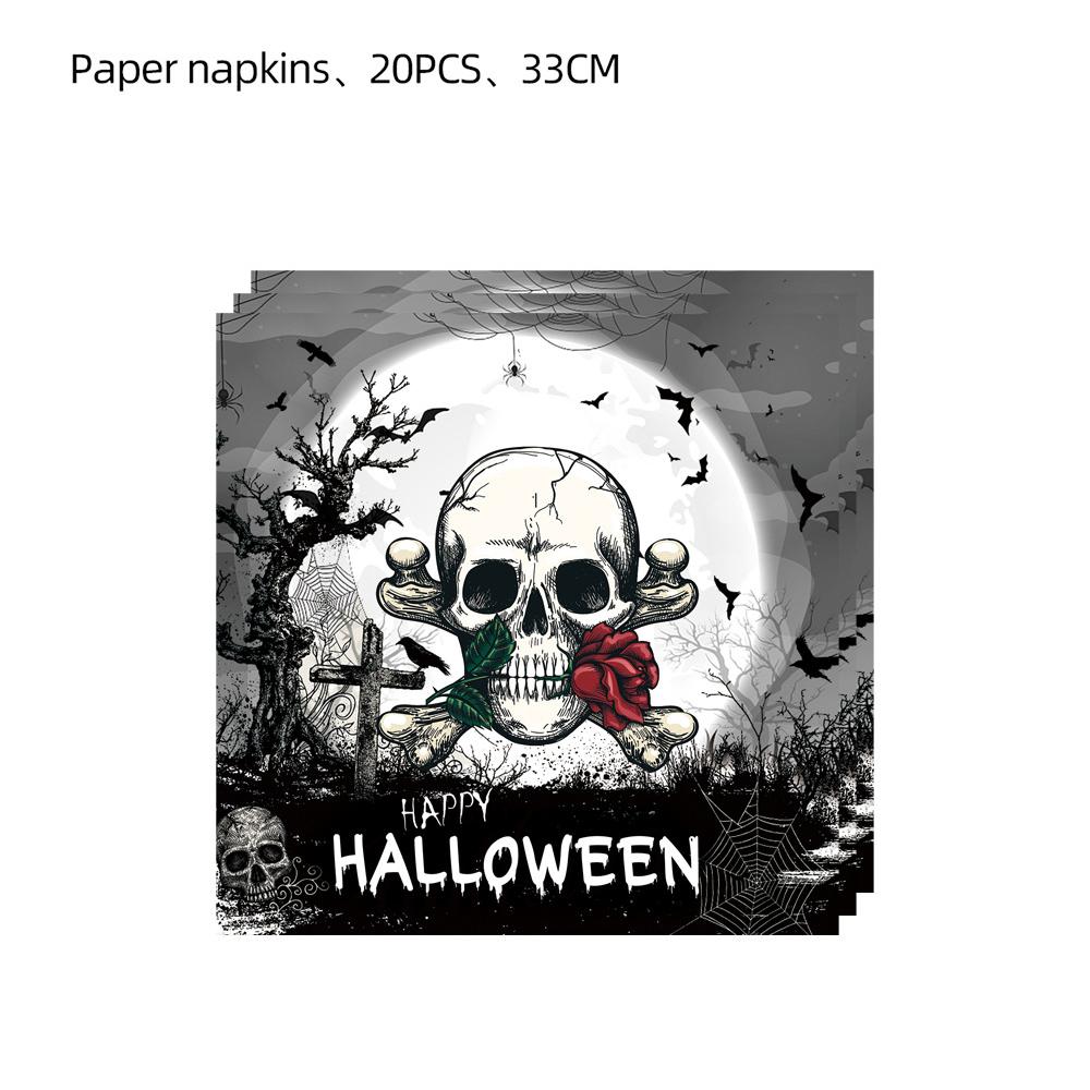 Potřeby pro halloweenskou párty zahrnují papírové talíře, kelímky, ubrousky, ubrus, banner