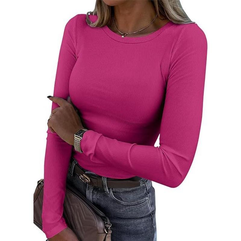 New women's long-sleeve stretch round-neck ribbed shirt, slim-fit casual basic top