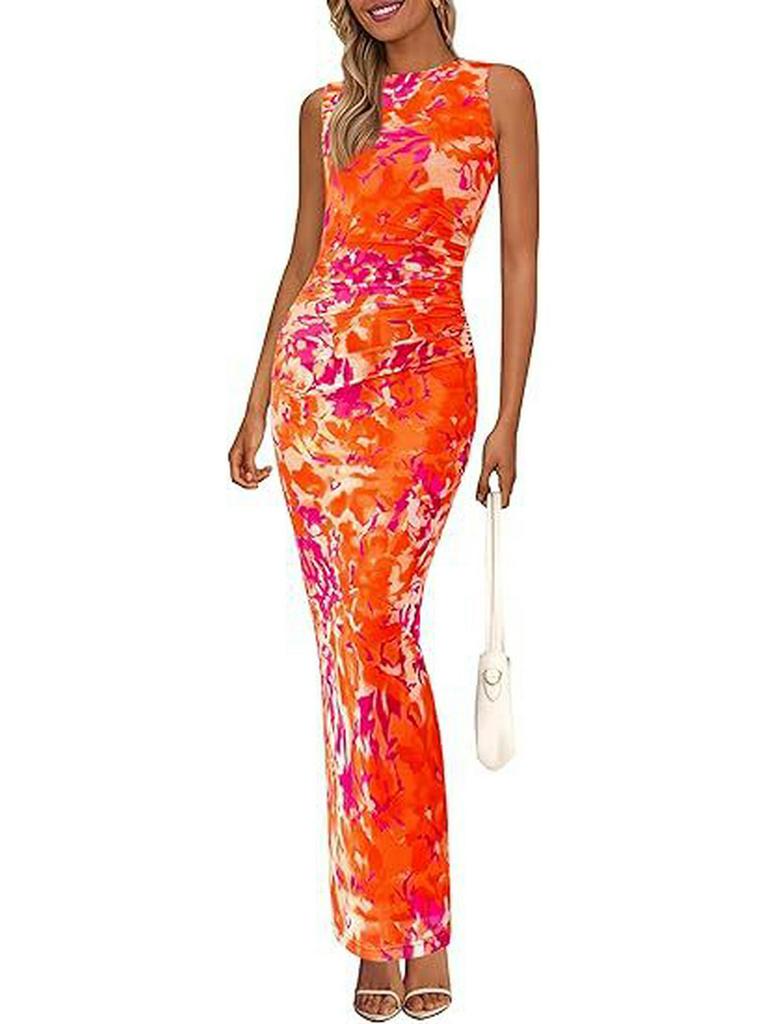 2024 Women's Floral Ruched Mesh Bodycon Dress - Sleeveless, Round Neck