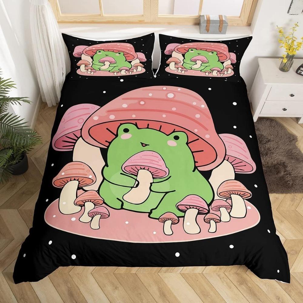 Cartoon Mushroom Frog for Childrenduvet Cover Microfibre Duvet Cover Adult Bedding Room Decoration Belt Zip and 2 Pillowcases