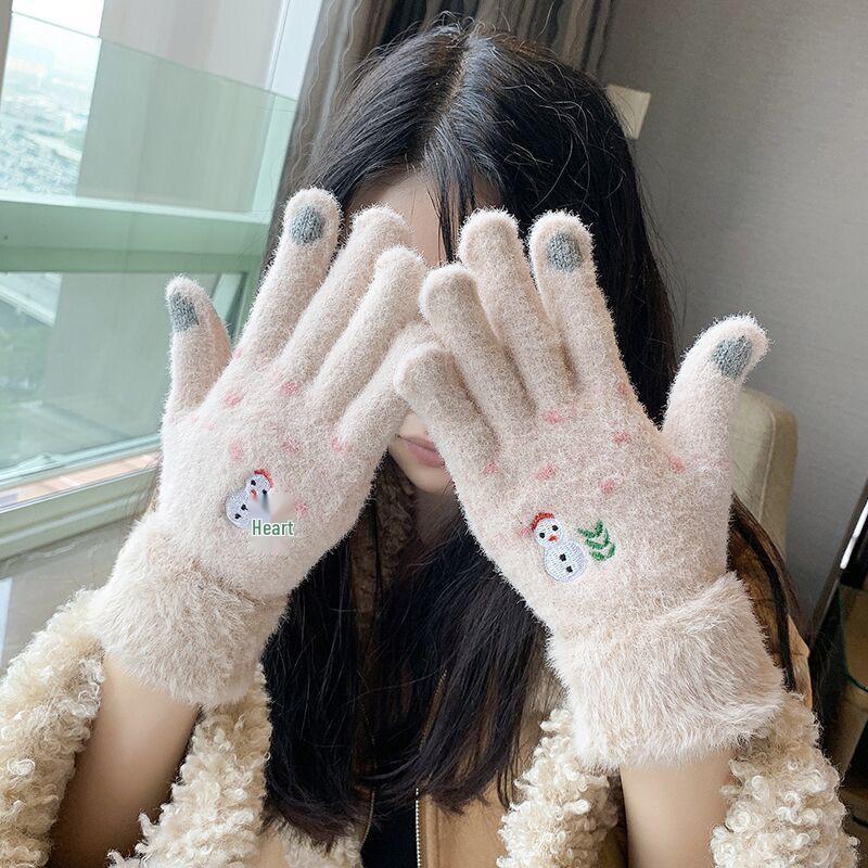 Plush Cartoon Snowman Touchscreen Gloves for Girls - Winter Warm Five-Finger Style