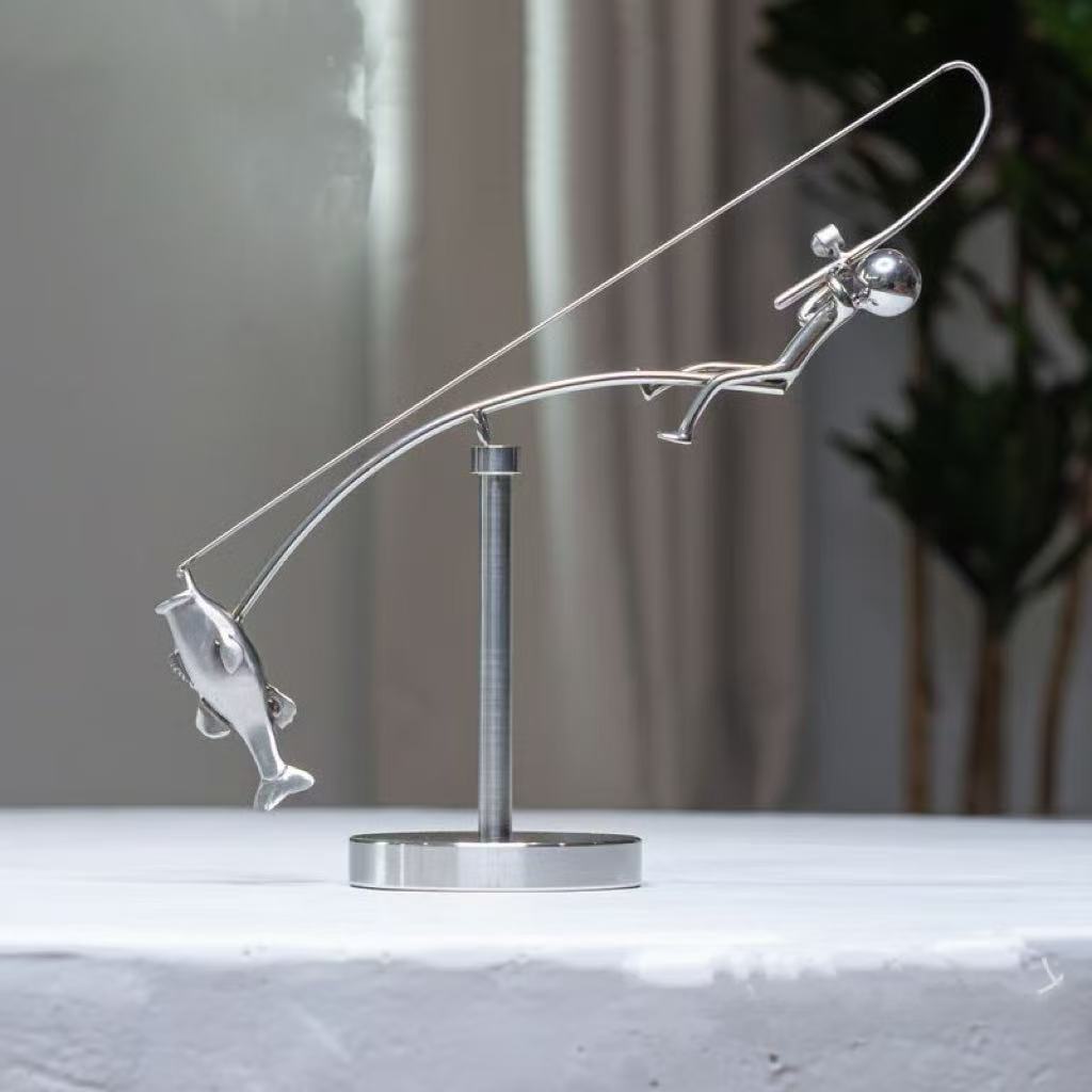 

Kinetic Fisherman Sculpture - Moving Balance Art Desktop Motion Decor for Office & Home, Stress Relief Gift