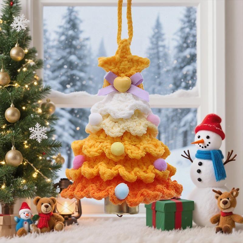 Fluffy Knitted Crochet Christmas Tree Pendant with Jingle Bell for Xmas Stocking Stuffer Home Holiday Party Decor