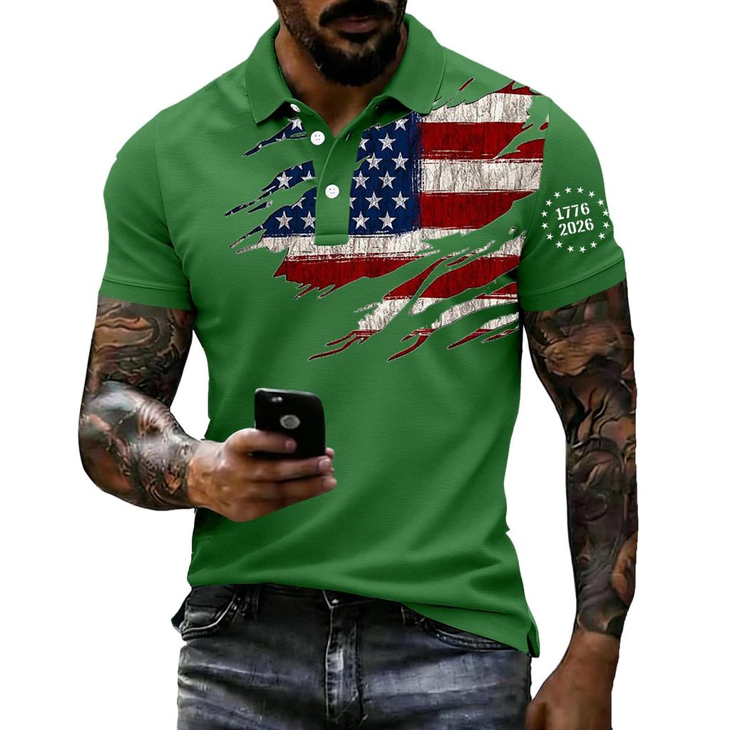 Men Loose Fit Casual Polo Shirt Short Sleeve with Flag Print Lapel Collar Comfortable Breathable Fabric
