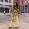 Women Fall Winter Turtleneck Long Sleeve Knit Striped Slit Loose Sweater