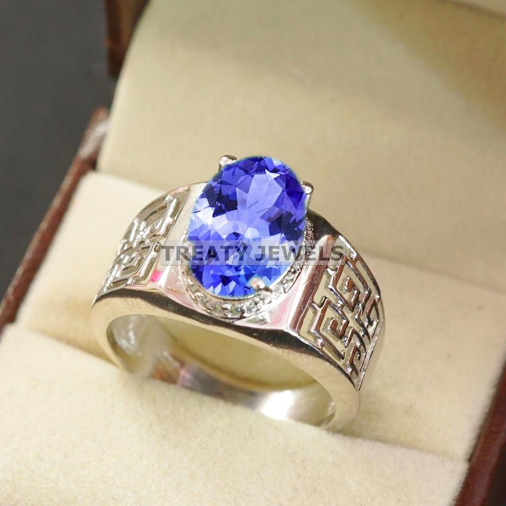 Tanzanite Oval Cut Gemstone With 925 Sterling Silver Ring For Men's #B665 JL375688145063