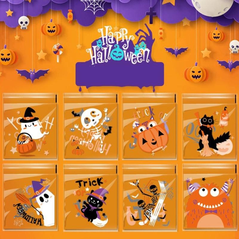 100pcs Halloween Candy Bag Self-adhesive Plastic Treat Bags for Cookie Snack Gift Clear Bags Set for Halloween Party