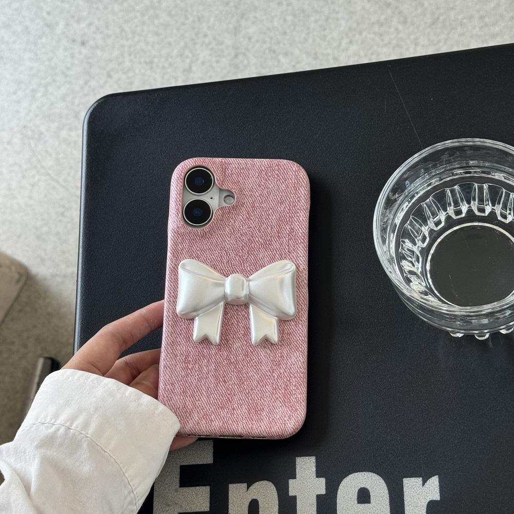 Korean INS Pink Denim Texture 3D Cute Bowknots Chic Phone Case for IPhone 16 15 14 Pro Max 13 Shockproof Stylish Girl Cover