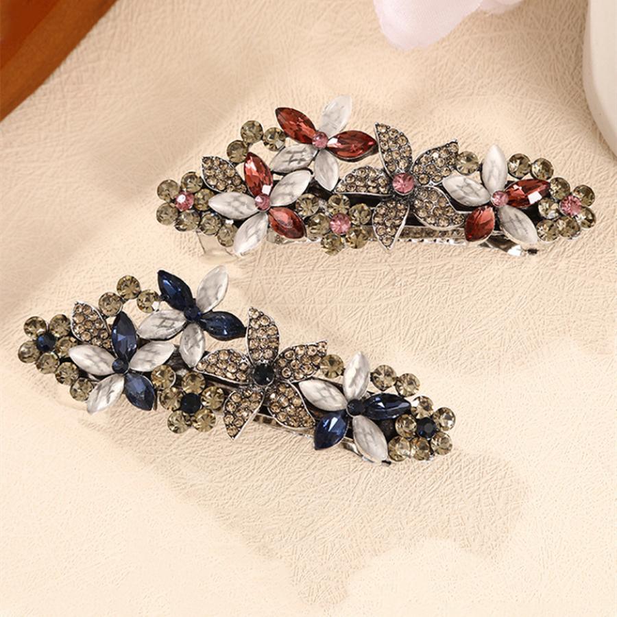 Elegante Retro Cristal Pinza de Resorte para Mujer Nuevo Clip de Cola de Caballo de Flor Parte Trasera de la Cabeza Tocado Pinza para el Cabello Clip Horizontal