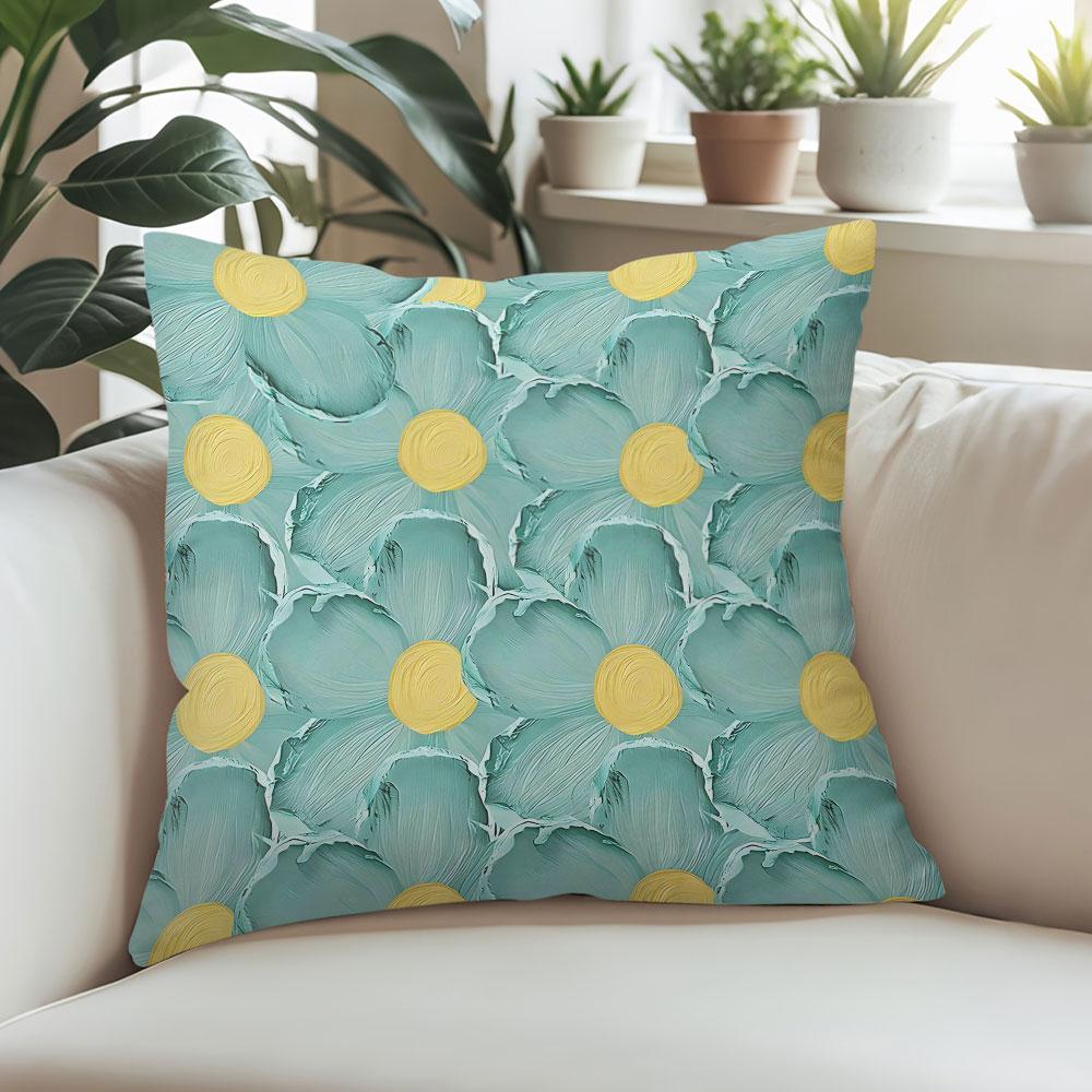 Mint Daisy Art Square Jacquard Pillow Cover for Sofa Office Waist Cushion Cover Home Decorative Pillowcase