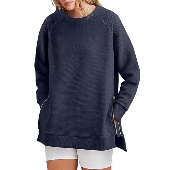 

Свитшот с застежкой-молнией сбоку, разрезом по низу, круглым вырезом, длинными рукавами, свободными эластичными манжетами, средней длины, весенне-осенний топ для занятий спортом, повседневной носки XL темно-синий
