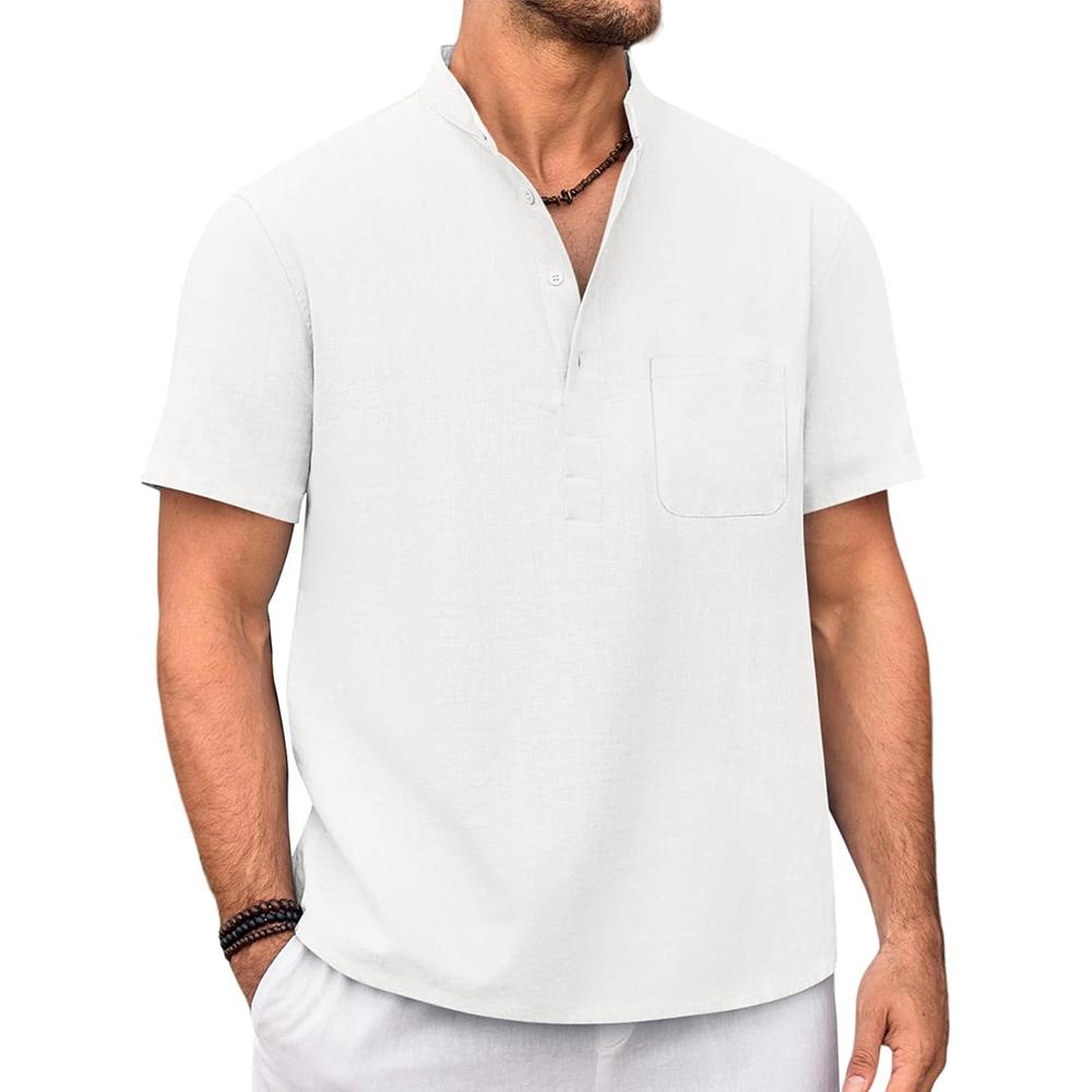 Cotton Linen T-shirt for Men Henley Neck Casual Solid Color Tees Short Sleeve Lightweight Breathable Vacation Beach Style Tops