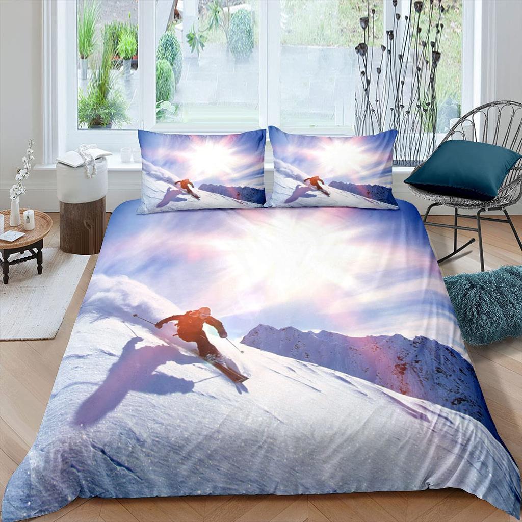 Winter Ski Sports King Queen Duvet Cover Snow Skiing Bedding Set Cartoon High Mountain Landscape 2/3 Pcs Blue White Quilt Cover
