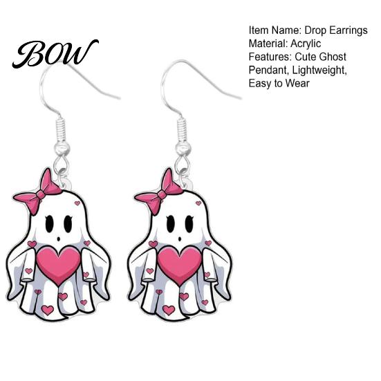 Anti-rust Earrings Pink Heart Ghost Earrings, Cute with Bow Drop Durable Lightweight Acrylic Halloween for Girls Women
