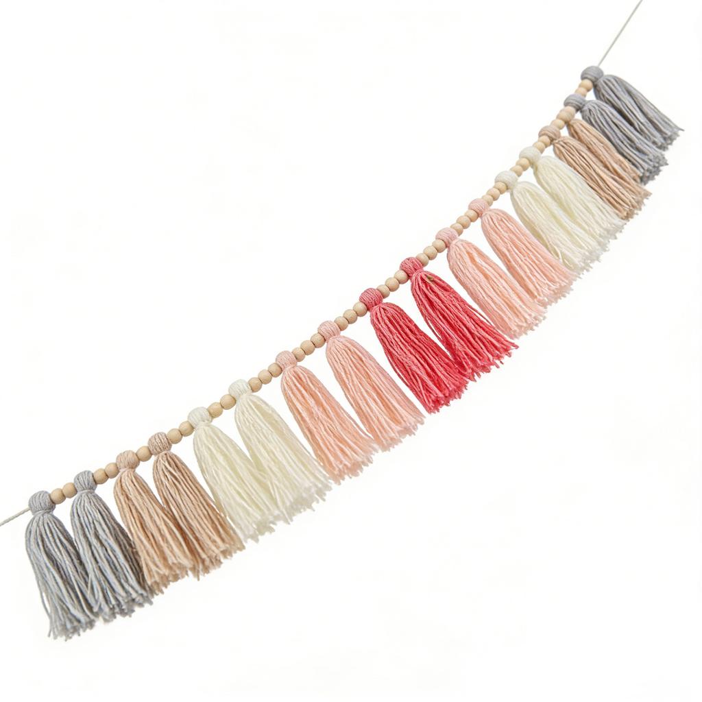 Boho Tassel Garland with Wood Beads Wall Hanging Tassel Banner for Classroom Bedroom Nursery Decoration Roseate
