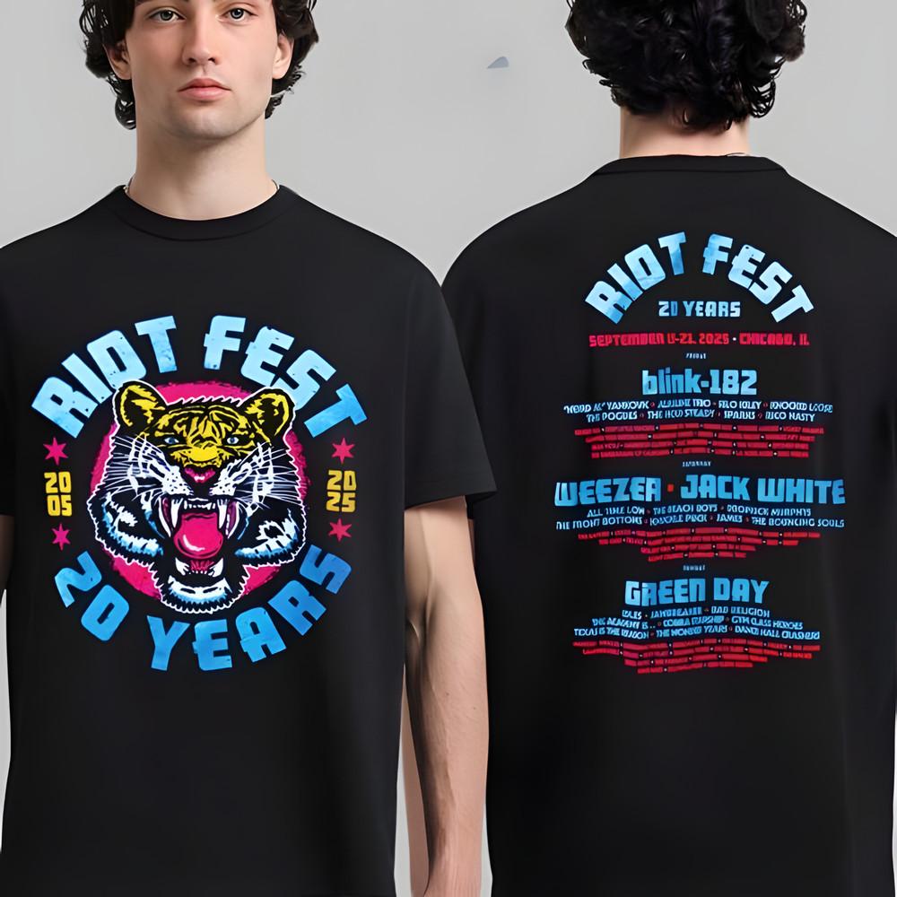 Riot Fest 2025 20 Years Anniversary Tiger Lineup Two Sided T-Shirt Unisex T-Shirt XXXXL