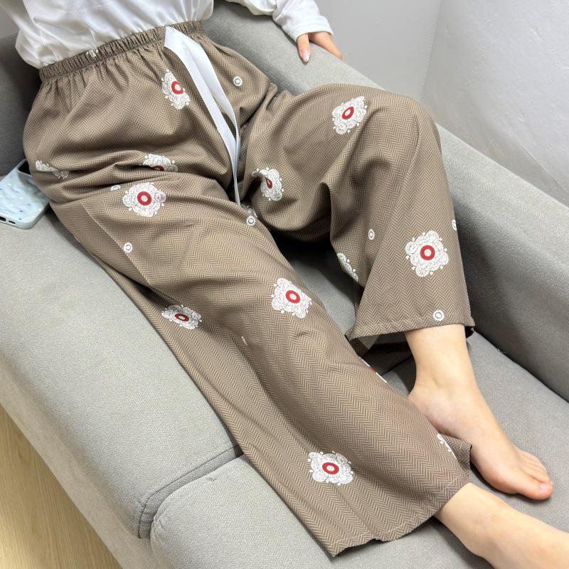 Damen-Blumen-Baumwoll-Seiden-Pyjama - Große Größen, Sommer, Leicht, Für draußen, Gerades Bein, Lockerer Schnitt