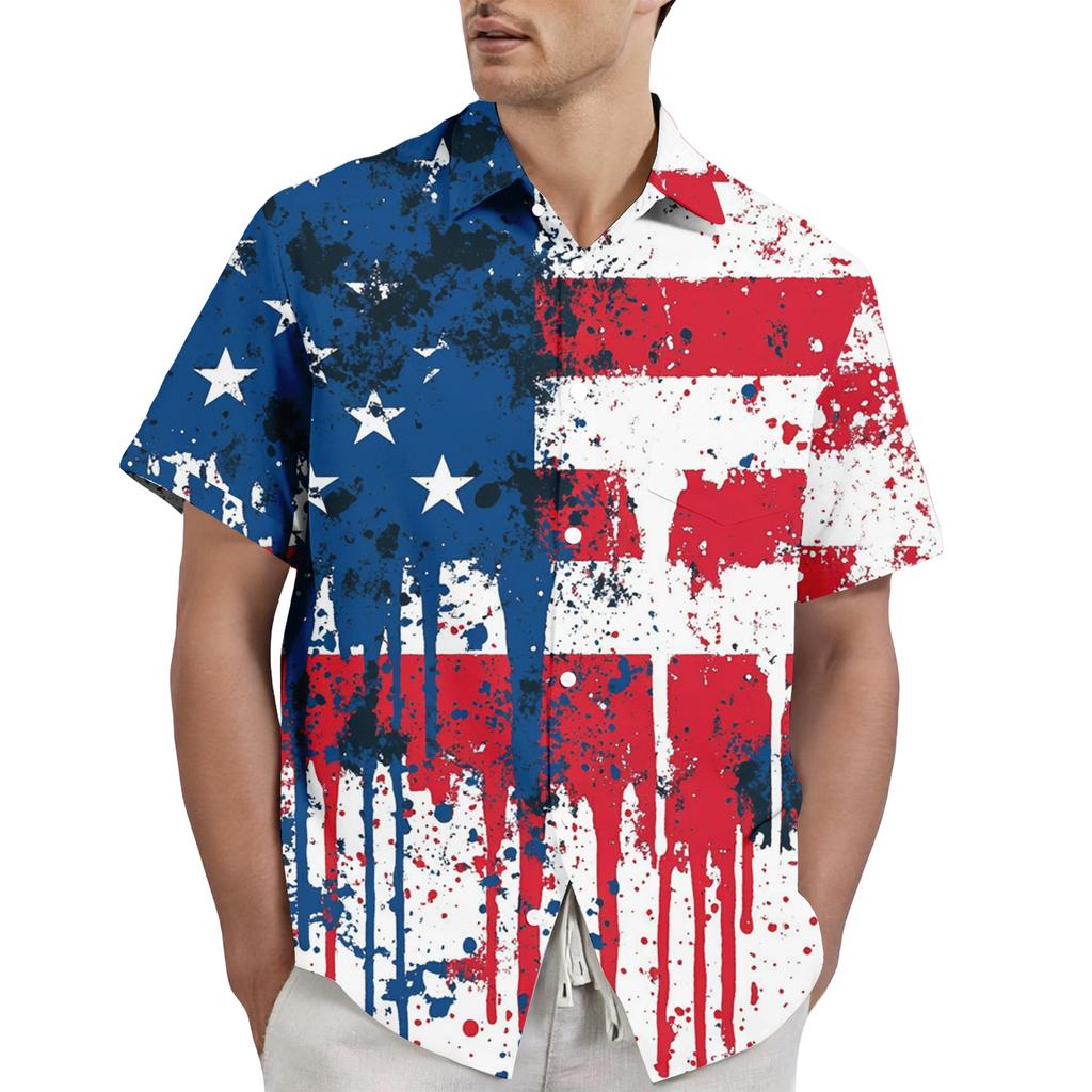 Men's Casual Stylish Flag Letter Print Shirt - Men's Lapel Short-sleeved Button-up Shirt