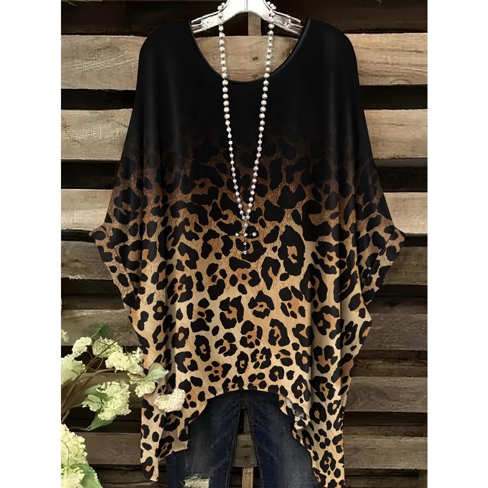 

Жіноча футболка з леопардовим принтом та градієнтом 3D з кумедними тваринами, повсякденна, для відпустки, з нерівним подолом, з круглим вирізом, з коротким рукавом, жіночий одяг 4XL