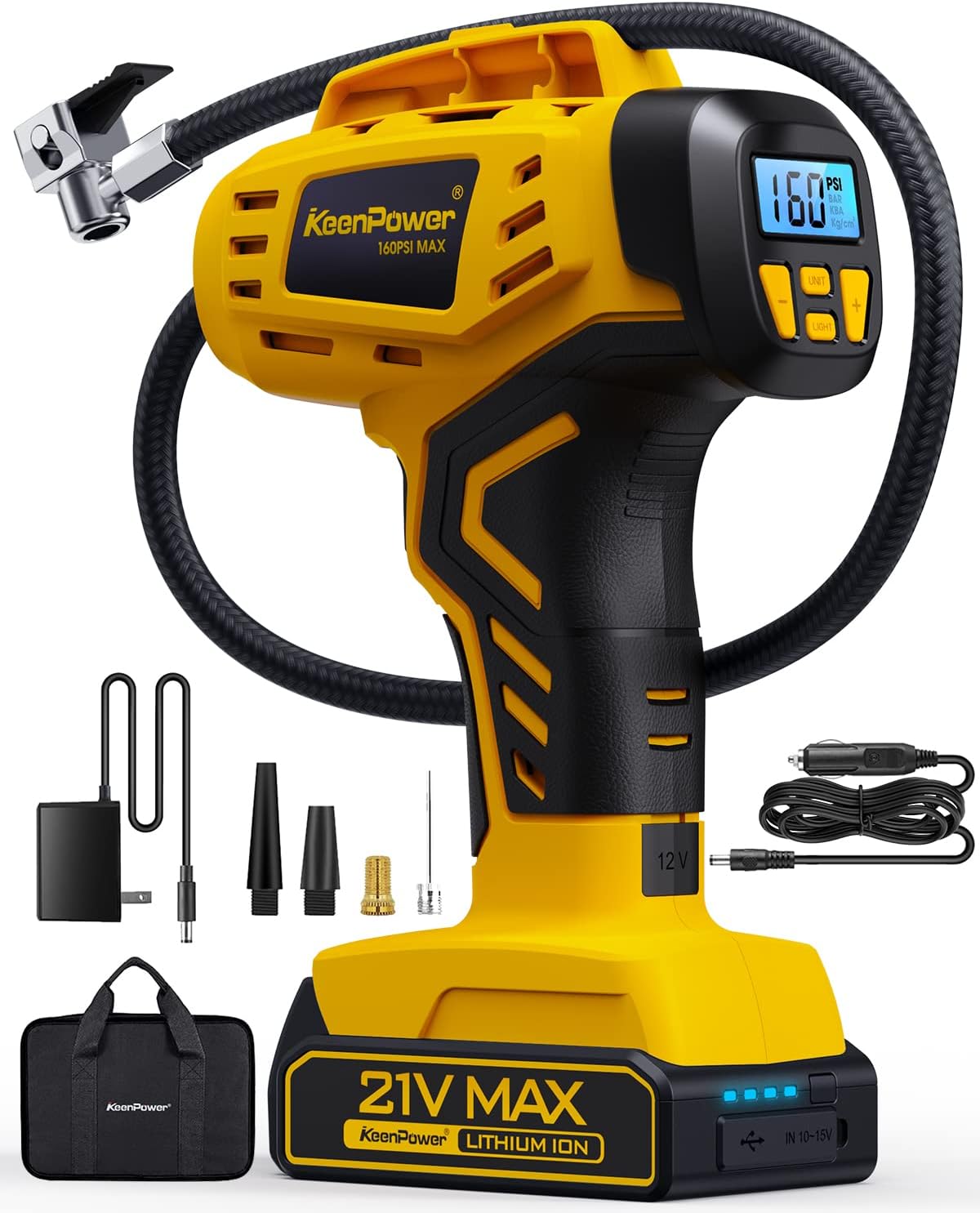 

Portable Tire Inflator 21V Rechargeable Air Compressor, 160PSI, Dual Power, Fast Inflation for Car Motorcycle E-Bike жовтий