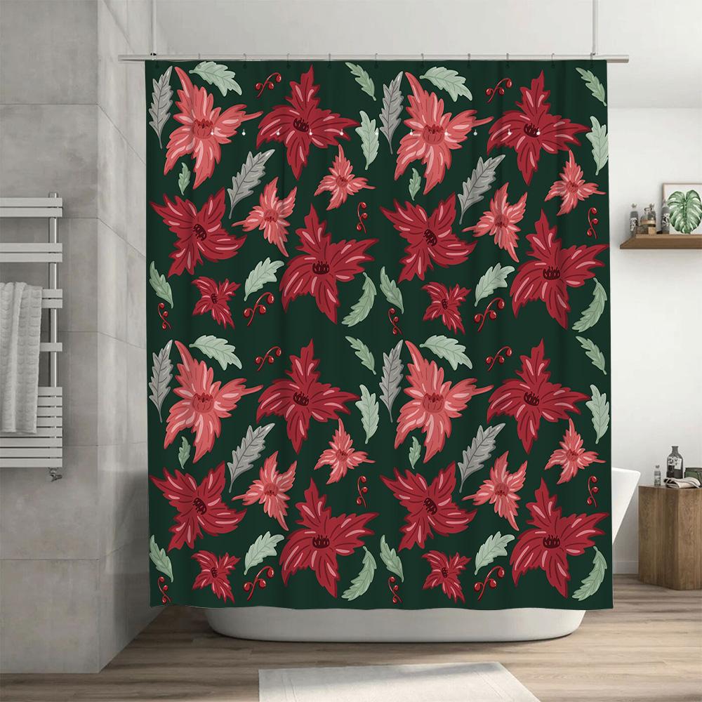 Green Christmas Shower Curtain with Red Poinsettia Floral Pattern, Polyester Fabric, Waterproof Home Decor Item for Bathtub Size