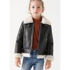 Kids Boys and Girls Autumn and Winter Fleece PU Leather Turn-down Collar Solid Color Zip Jacket
