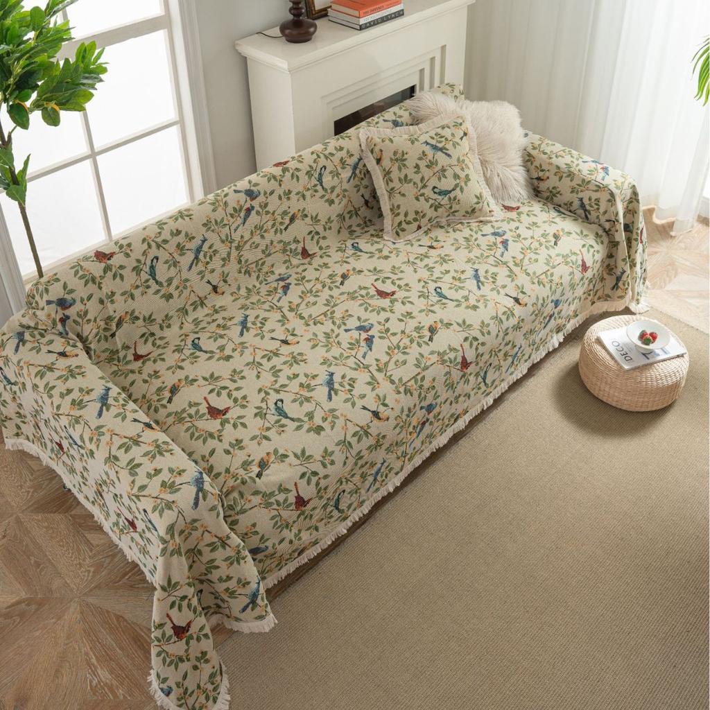 Exquisite sofa towel anti-cat scratch jacquard flower bird green retro festive festival thick sofa blanket