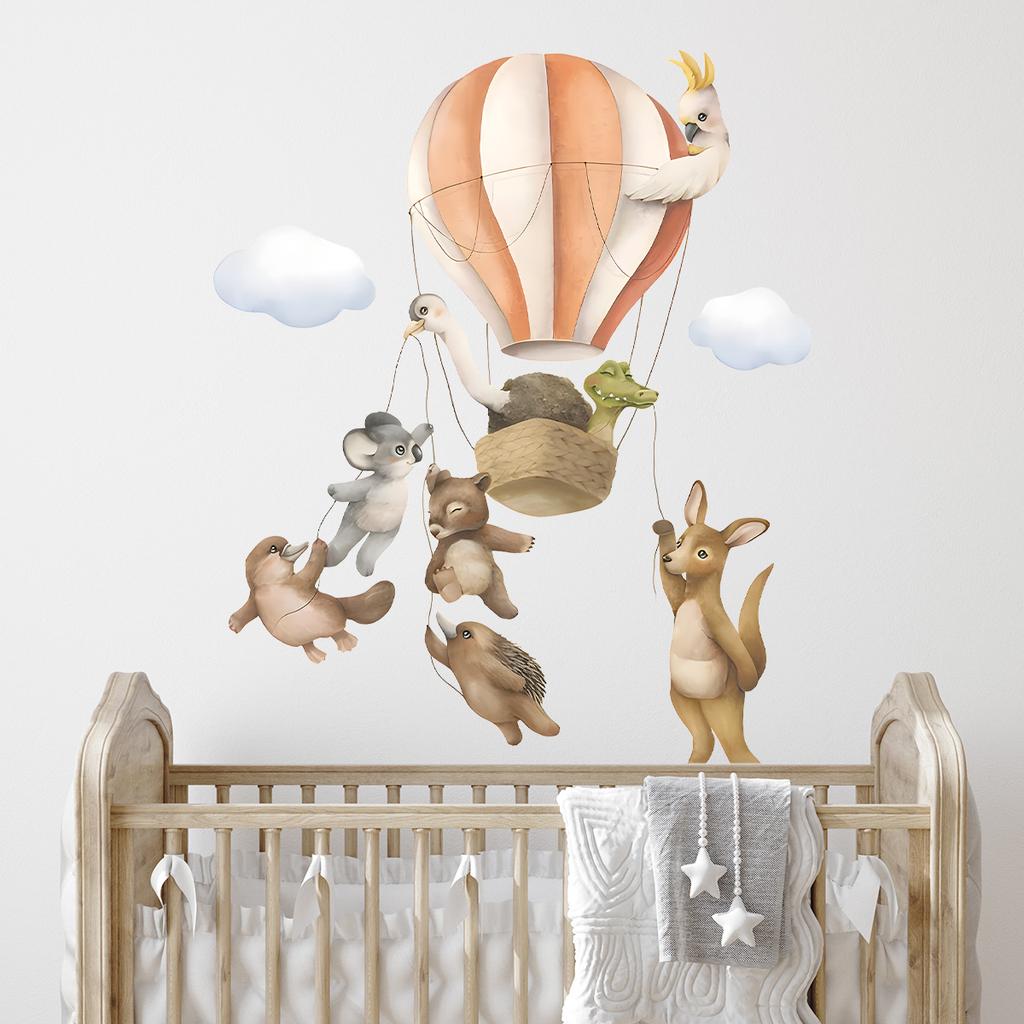 Cute Cartoon Animal Friends in Hot Air Balloon Wall Stickers, Self-Adhesive Adventure Decor for Kids Room Living Room Bedroom Decoration