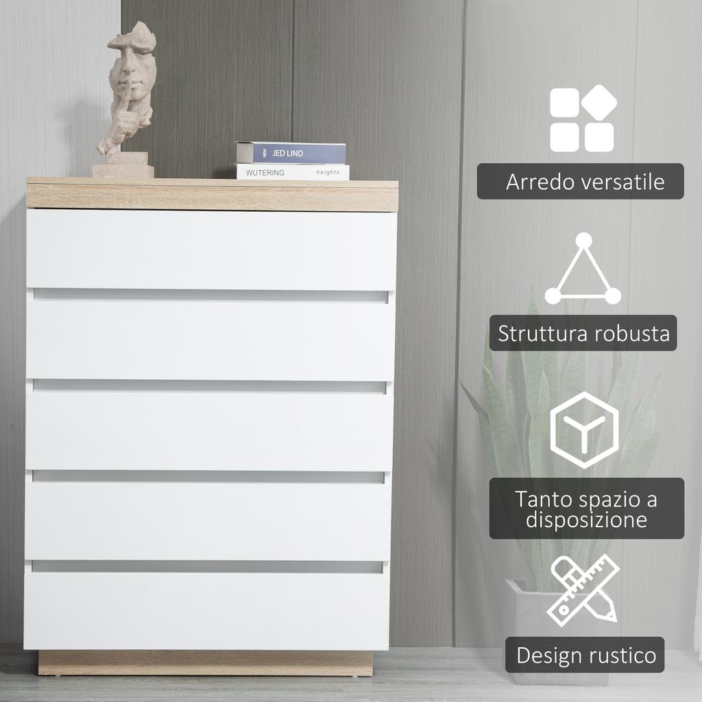 Chest of 5 Drawers Minimal in Wood, 80x40x109 cm, White and Oak Color