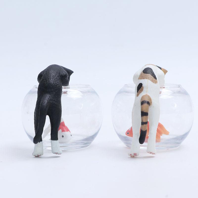 Cute Cat Catch Fish Desktop Ornament Trendy Three Flower Black Cat Statue Small Decor for Office Desk Bedroom Table