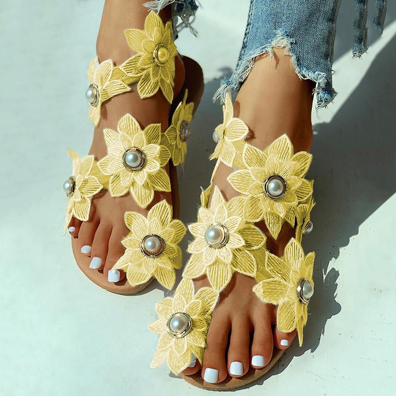 New Summer Ladies Shoes Women Sandals White Floral Flat Sandals Women Bohemian Casual Beach Shoes For Woman
