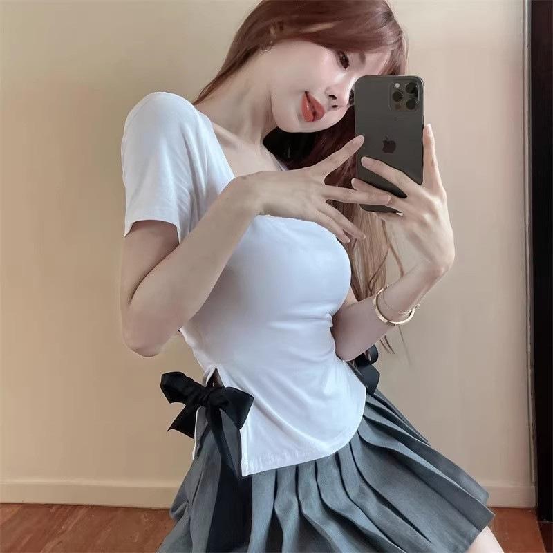 Square collar pure desire sweet spice girl showing collarbone short sleeve T-shirt women's split fork bow slim fit unique chic top