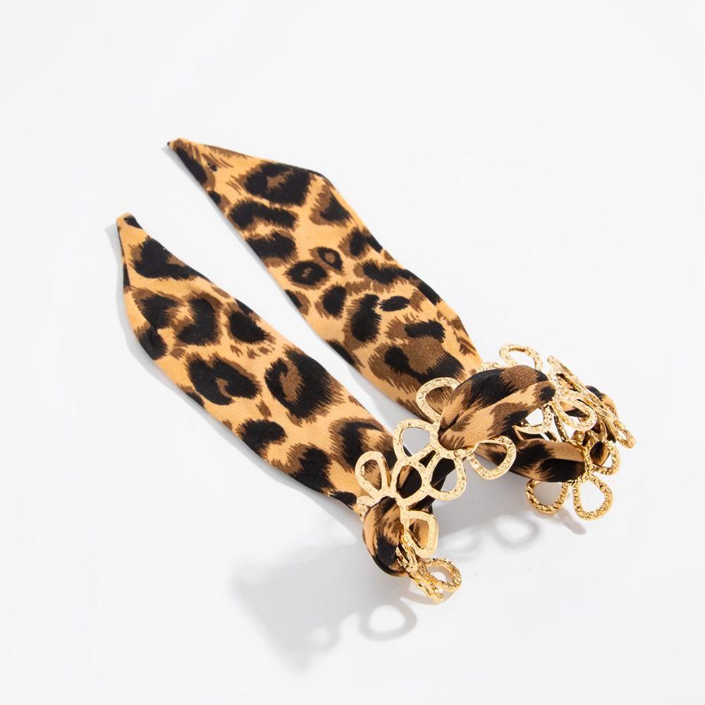 Leopard Print Silk Scarf Cuff Bangles Ribbon-Wrapped Hollow Flower Metal Wide Bracelet Vintage Adjustable Ethnic Style Wristband