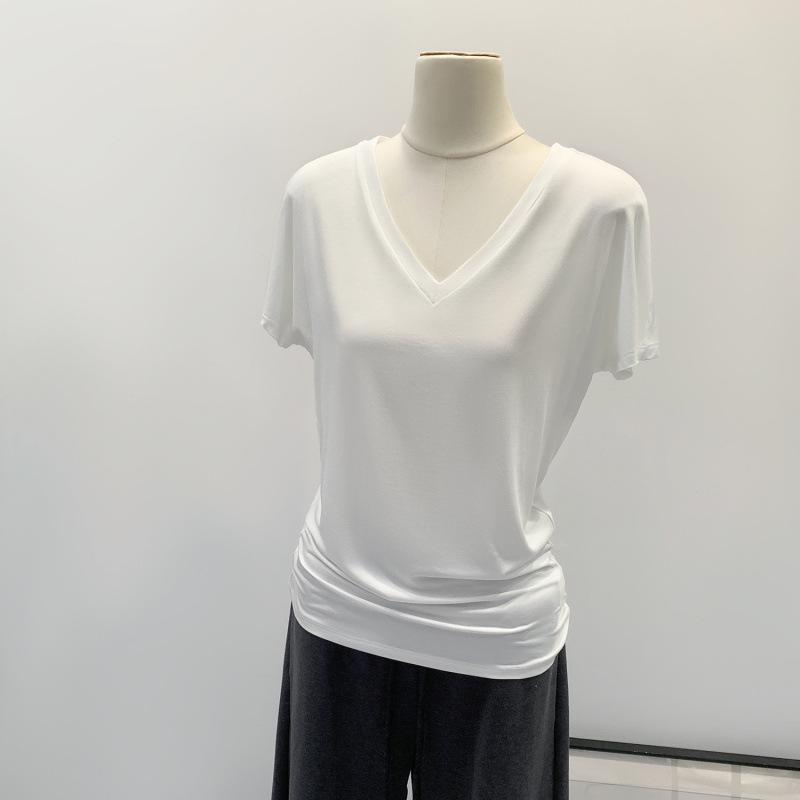 Retro V-Neck Short Sleeve T-Shirt - Women's Spring/Summer Basic Slim Mid-Length Top