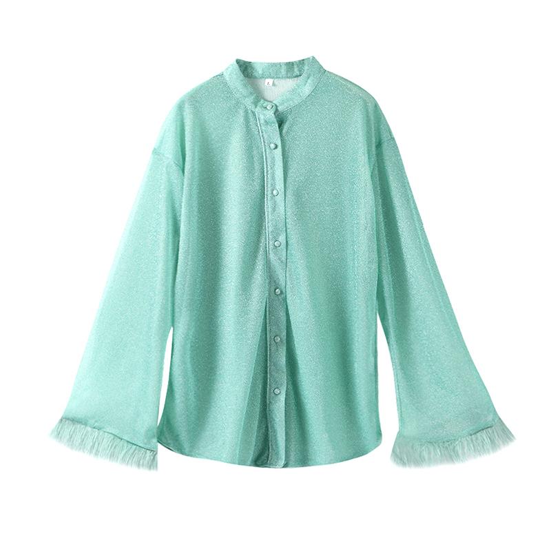 

Шикарная блестящая рубашка в стиле пэчворк с перьями, женская элегантная однобортная блузка с отложным воротником, осенний блестящий свободный топ L зелёный