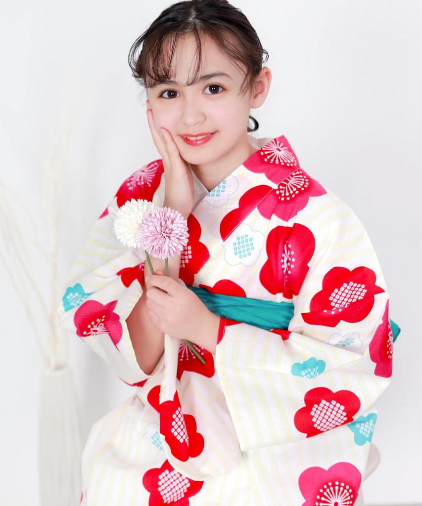 Yukata One Change 3 Piece Set Heiko Junior Girls [KYOETSU] Set, Yukata, Piece, Girls, Ecru, Weave, (Yukata, Obi, Geta), (3.Plum Stripes, 130cm)