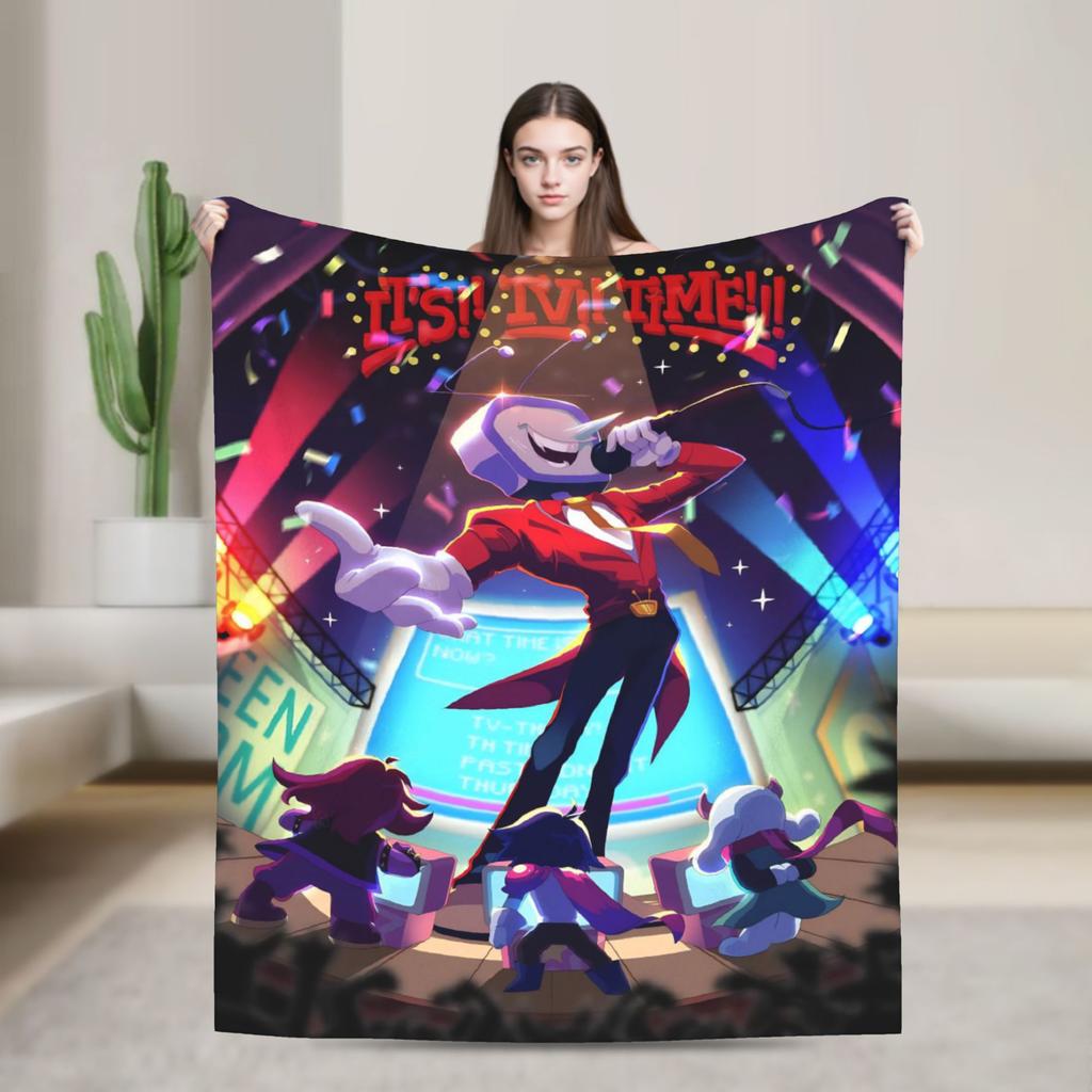 Gra Deltarune Tenna TV Koc Flanelowy Zabawny Koc Rzutowy do Domu Hotelu Sofy 150*125cm Pluszowa Cienka Kołdra