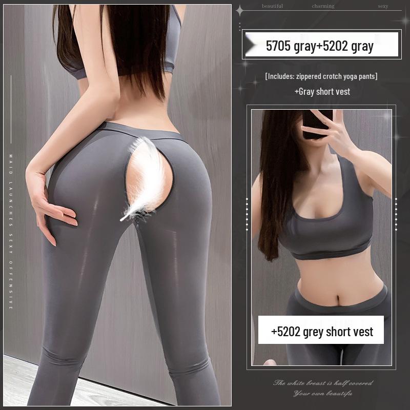 Plus Size Open Crotch Yoga Pants & Lingerie Set with Zipper - Sexy Outdoor Wear for Women