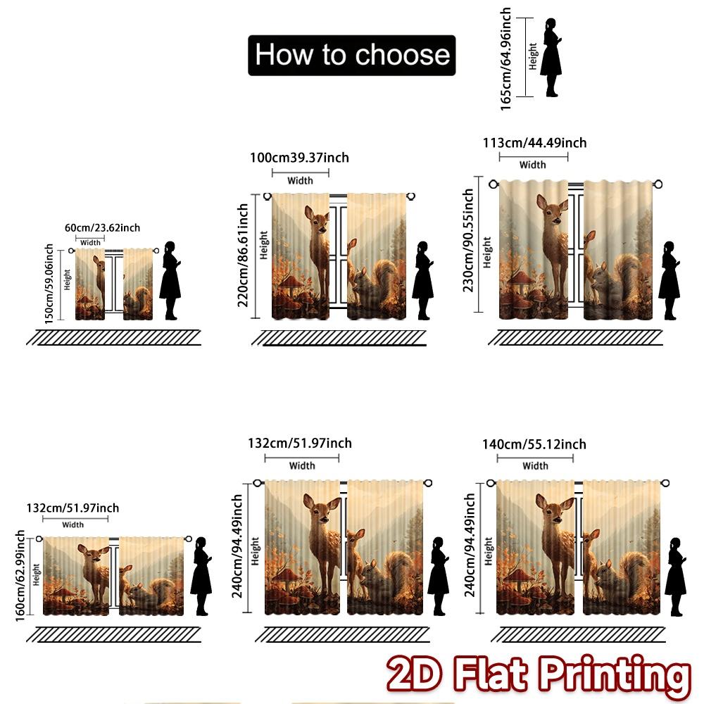 2pcs   2D FLAT PRINTING Curtains (Without Rod) Forest Companions Minimalist holiday curtains Versatile Polyester Curtains Holiday