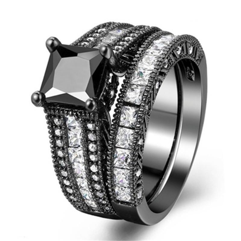 Elegant 2-Piece Women's Ring Set with Black Zircon
