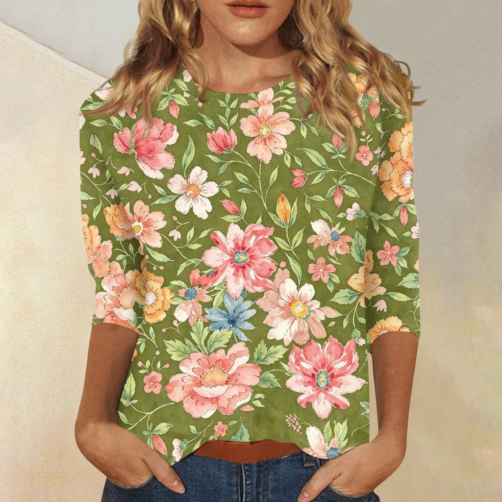 Damen Freizeit Oberteil mit Blumendruck, Dreiviertelärmel, Rundhalsausschnitt, Leicht, Bequeme Passform, Stilvolles Design, Geeignet für den Alltag