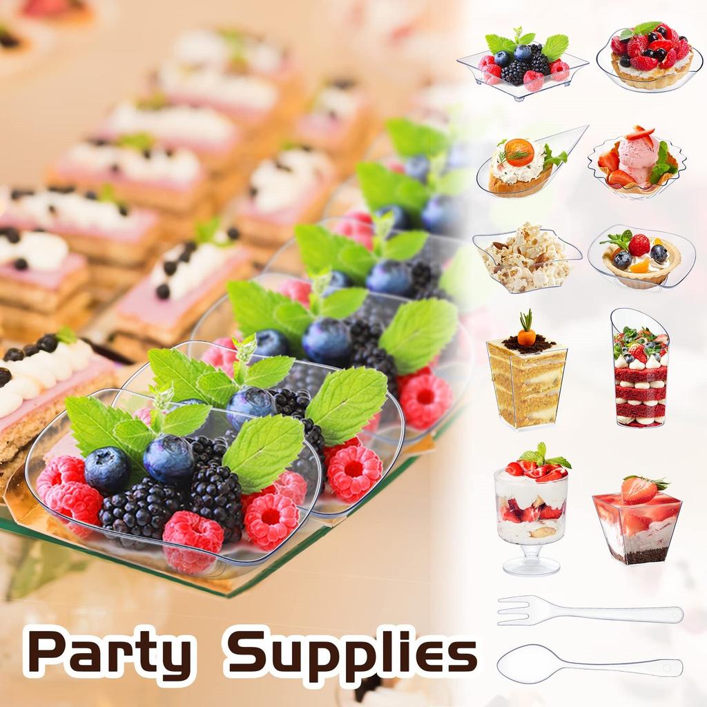 450 szt. Przezroczyste Talerzyki Deserowe Kubeczki Łyżeczki Widelczyki Zestaw Wielokształtne Plastikowe Kubeczki na Lody Jednorazowa Zastawa Stołowa Akcesoria Imprezowe