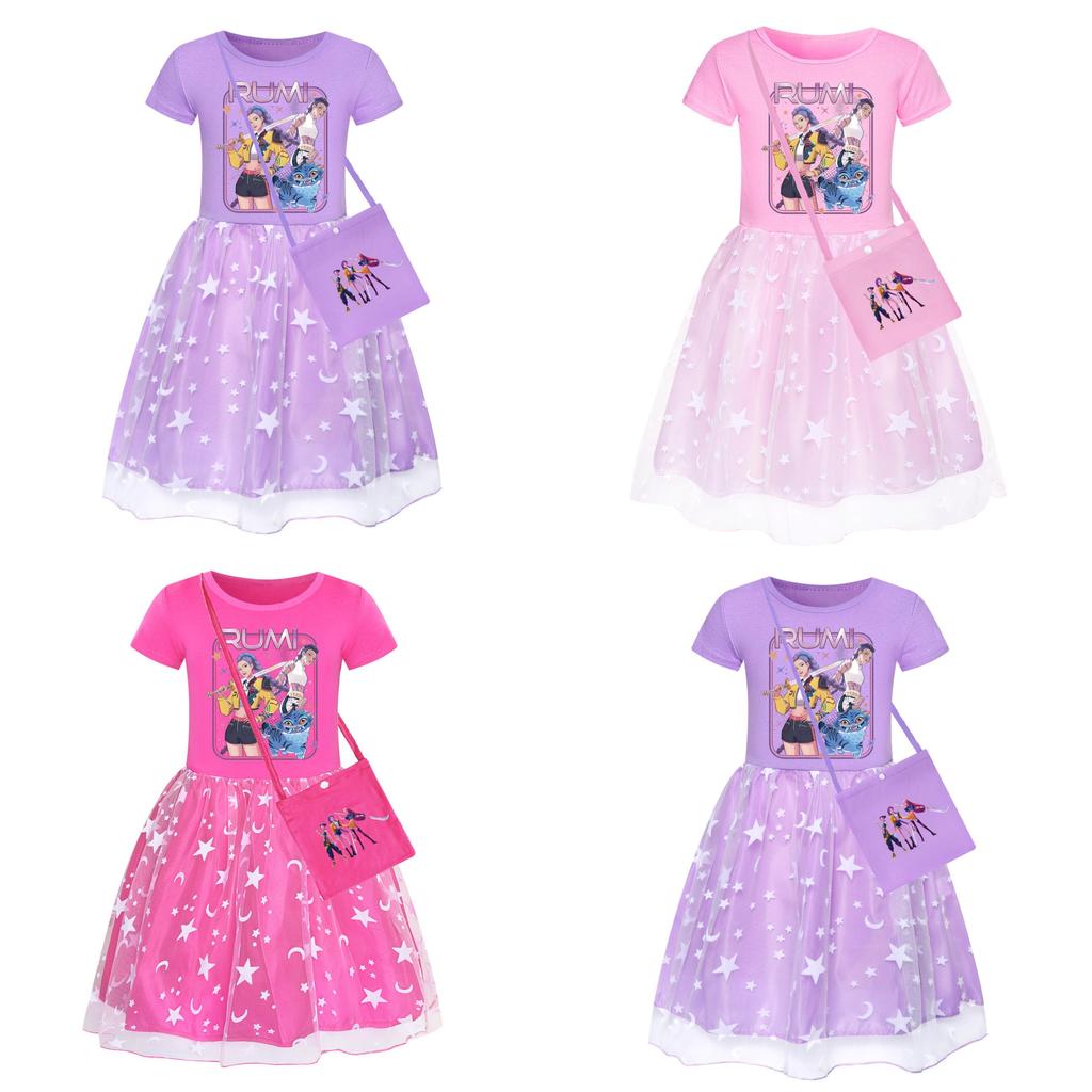 Kpop Demon Hunters Pattern Girl Dress With Cotton Fabric And Pleated Skirt For Kids Girls