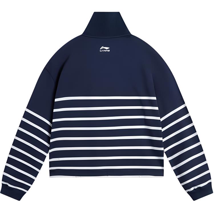 Li Ning Sports Lifestyle Series Casual Minimalist Color Block Striped Stand Collar Pullover Sweatshirt Women Sweatshirt Deep-Navy-Blue AWDV372-2