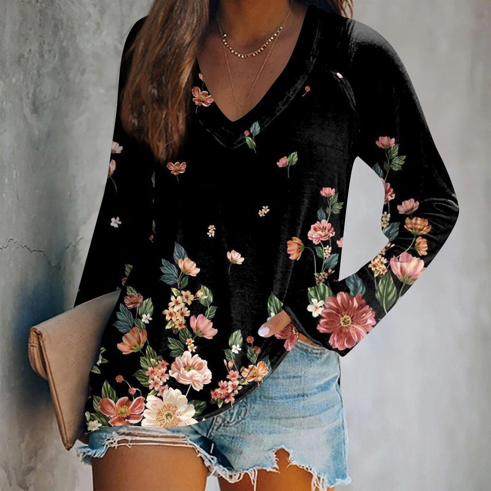 

Женская футболка с длинными рукавами и v-образным вырезом, повседневный топ с цветочным принтом и принтом тай-дай XL чёрный