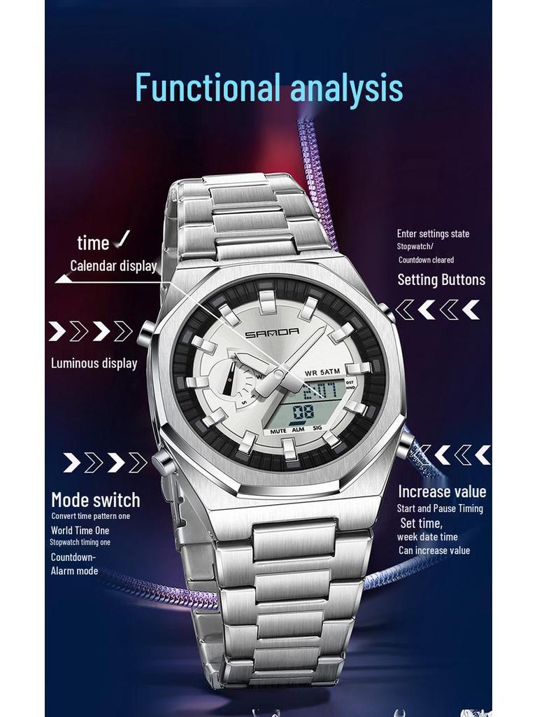 Sanda Men's Multifunctional Dual Display Watch with Countdown, Alarm, Daylight Saving, and Waterproof Features