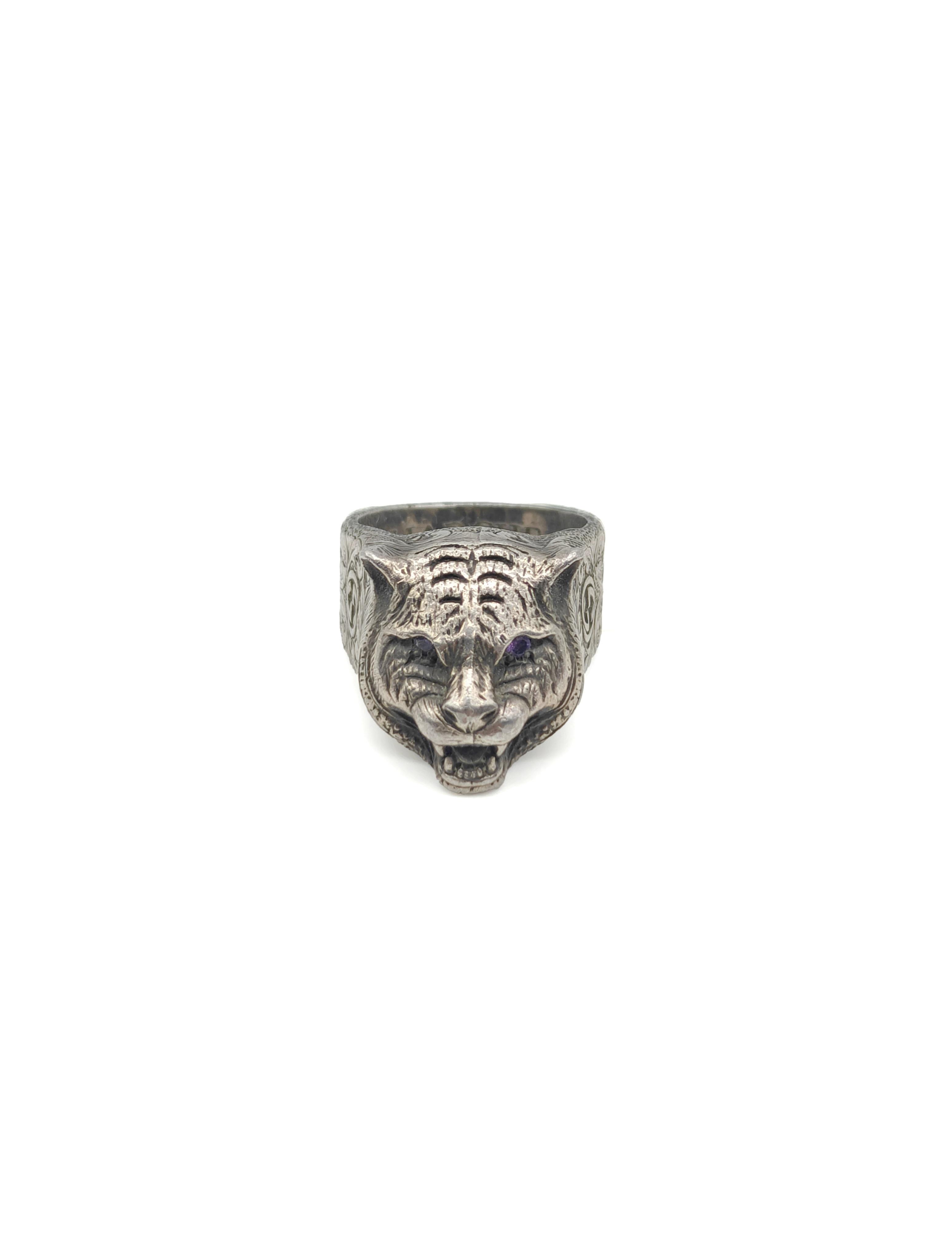 Gucci Antique Oxidized Silver Tiger Head Ring Retro Engraved Wide Band Luxury Designer Statement Jewelry 19