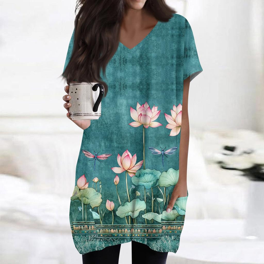 Haut à manches courtes pour femme, tendance et décontracté, col en V, imprimé floral, longueur midi, poche