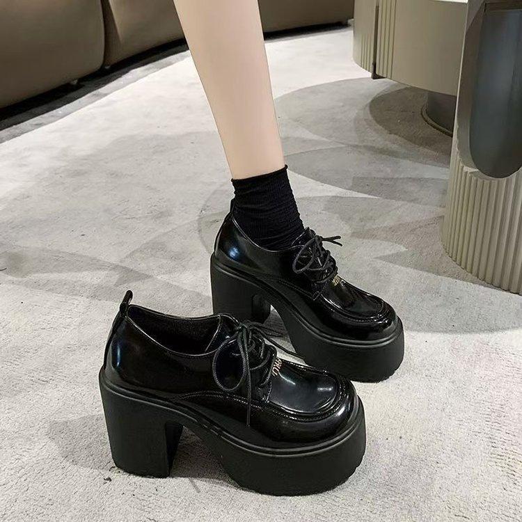 British style small leather shoes thick heels high heels new spring waterproof table heightening Mary Jane single shoes